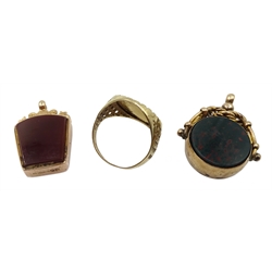 Gold mounted hard stone Masonic fob, gold mounted compass and bloodstone fob, both hallmarked 9ct, 1987 fine gold 1/20 ounce Angel coin loose mounted in gold ring and a collection of loose oval and circular aquamarine stones