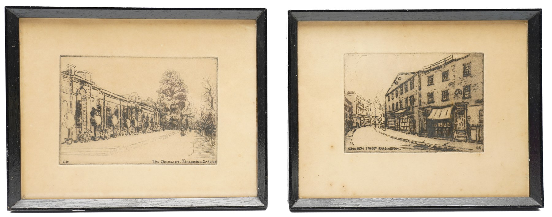 Manner of George Harley (British 1791-1871): 'In Hyde Park', pencil drawing signed S M and dated 12/7/30, 20cm x 28.5cm; English School (Early 20th century): The Orangery' 'The Round Pond' and 'Church Street' - Kensington, set of three etchings signed C K on the plate max 9.5cm x 14cm (4)