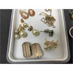 Pair of 9ct gold cameo earrings, two odd 9ct gold pearl earrings, seven silver stone set rings and other costume jewellery
