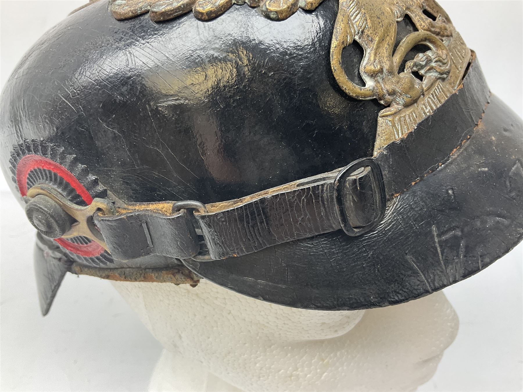 WW1 German leather Pickelhaube helmet with brass plate for Baden regiment, leather strap and leather part only of liner