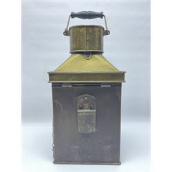 Large brass maritime lamp by Griffiths & Sons Birmingham with swing handle, threaded mounting bracket and associated oil burner, H41cm excluding handle