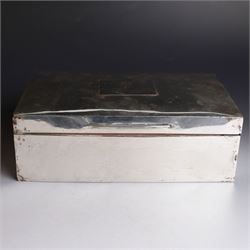 1920s silver mounted cigar box, of rectangular form with later applied vacant rectangular cartouche to hinged cover, opening to reveal compartmentalised softwood interior, hallmarked London 1923, makers mark worn and indistinct, H7cm, W22cm