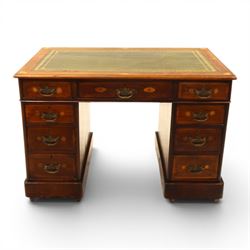19th century inlaid mahogany pedestal desk, rectangular top with green gilt tooled leather...