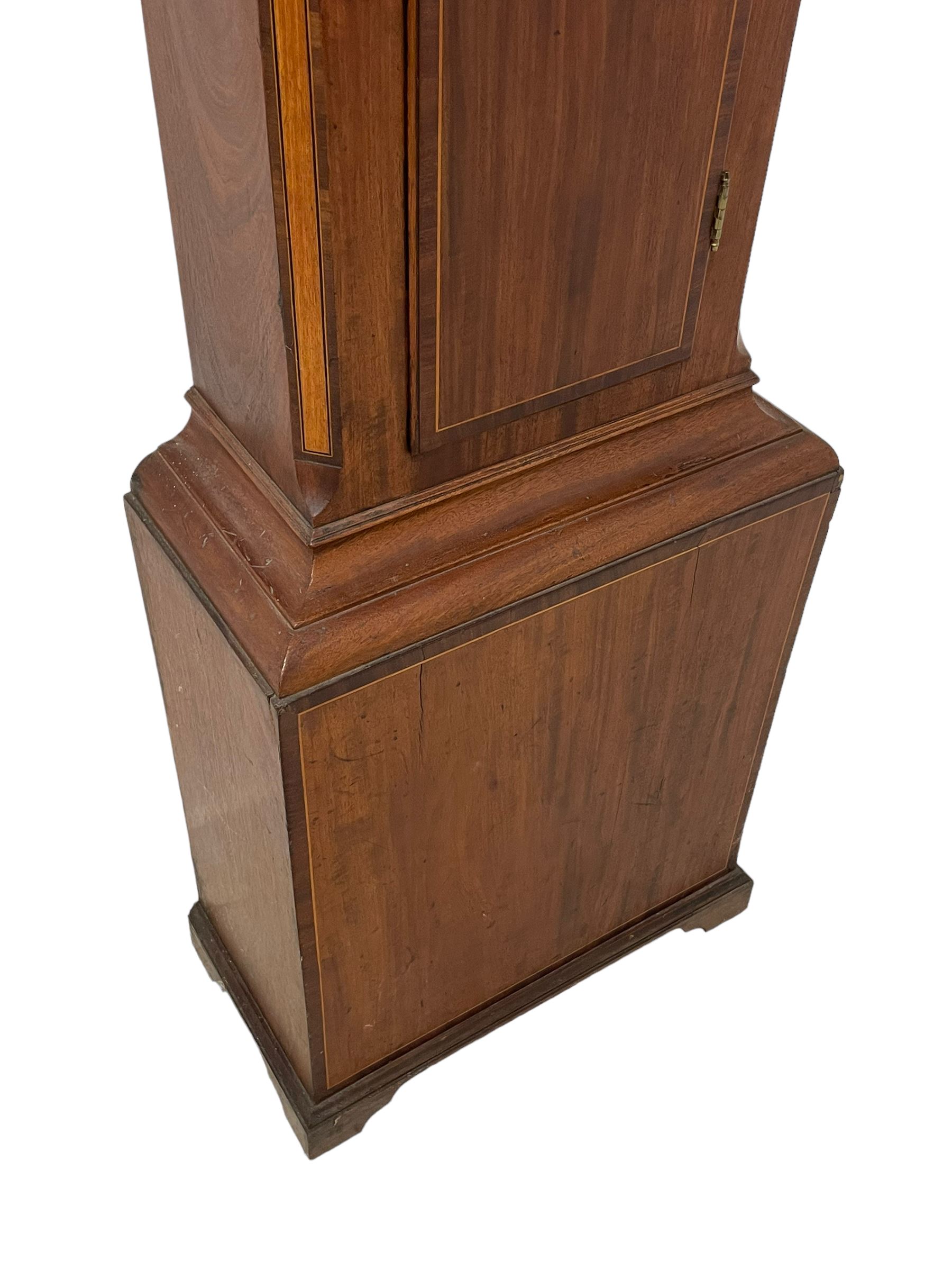 Thomas Greaves of Newcastle - late 18th century 8-day mahogany longcase clock c1790, with a flat topped hood and break arch hood door flanked by pilasters with Corinthian capitals, trunk with canted corners and ogee spire topped trunk door, rectangular plinth on a decorative stepped base,  early painted dial with raised gesso spandrels and a painted oval landscape to the arch, with matching steel hands, Roman numerals, five minute Arabic's and minute markers, subsidiary seconds dial and calendar aperture,  dial pinned via a cast falseplate to a rack striking movement with a recoil anchor escapement, striking the hours on a bell. With pendulum and weights.