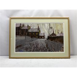 William Selby (Northern British 1933-): 'Cottages at Gunnerside' in Swaledale, oil on board signed 45cm x 76cm