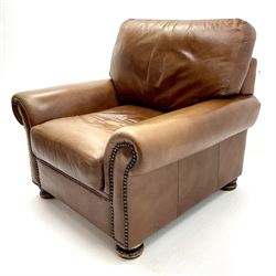 Three seat studded tan leather sofa, scrolling arms, turned supports (W190cm) with matching two seat (W155cm) armchair (W100cm) and footstool 