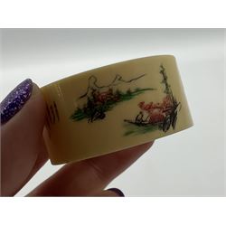 Set of six early 20th century Chinese ivory napkin rings decorated with figural scenes and calligraphy