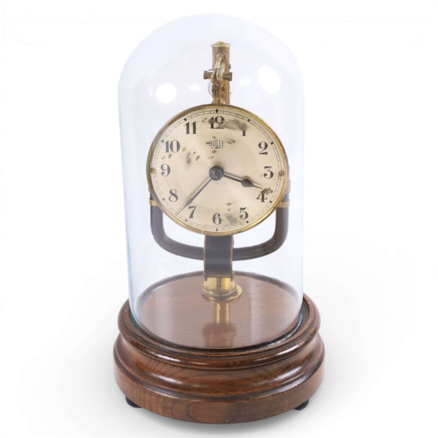 Bulle electric battery clock on a turned wooden base under dome, together with Smiths London circular wall clock