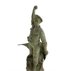 Edwardian - Large figural clock with a Verdigris finish mounted on a mahogany plinth, detailed depiction of a fisherman in a sailing boat entitled 