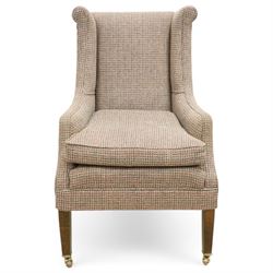 Whitehead designs - Edwardian design 'Tissington' wingback armchair on square tapering feet with castors, upholstered in pink tweed fabric