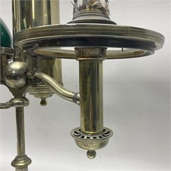 Miller & Sons Piccadilly polished brass double adjustable student's oil lamp, with green glass shades, H52cm