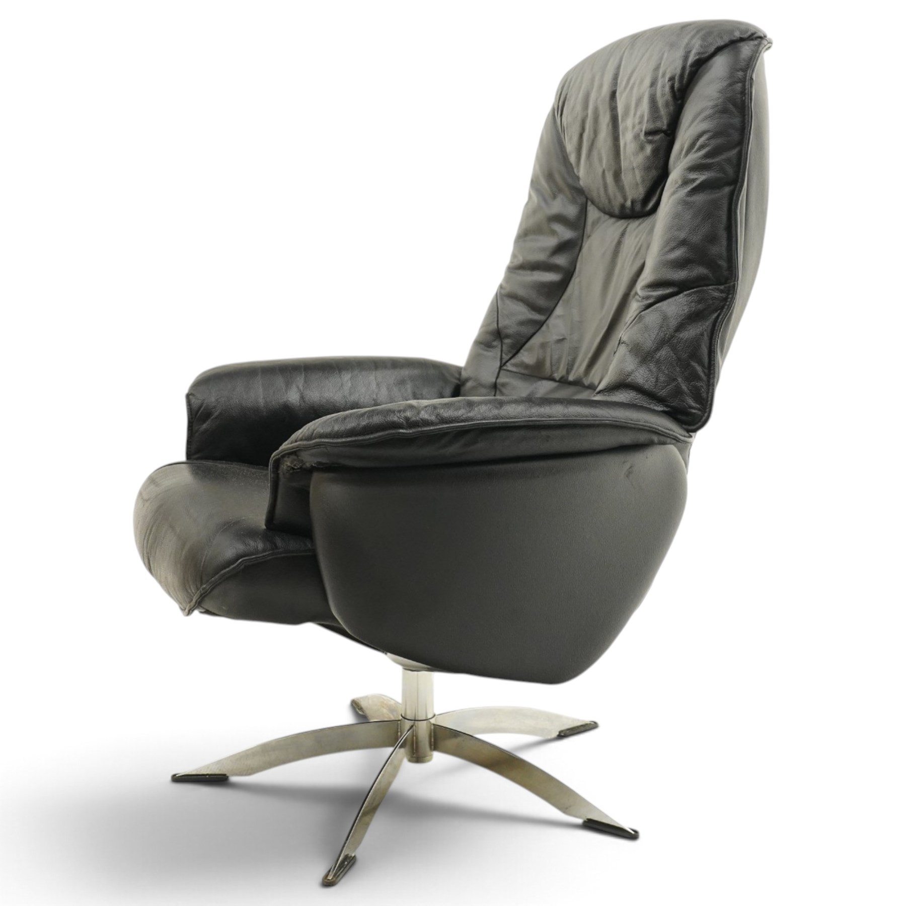 Hjort Knudsen - Danish swivel armchair or desk chair, high back over swept arms, upholstered in black leather, raised on a five-spoke chrome base with swivel action