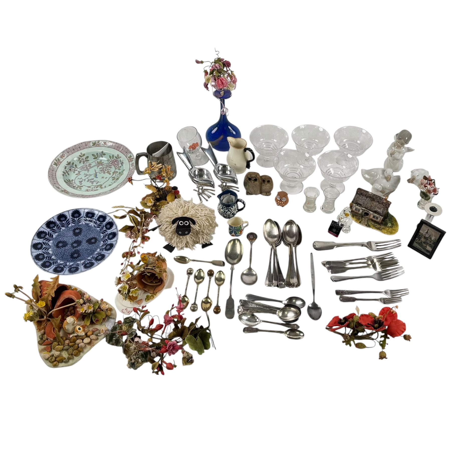 Lladro angel figure, together with a butterfly wing picture, silver plate cutlery etc  