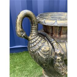 Bronze finish cast iron urn, set with looped swan neck handles and floral swags, stepped base - THIS LOT IS TO BE COLLECTED BY APPOINTMENT FROM DUGGLEBY STORAGE, GREAT HILL, EASTFIELD, SCARBOROUGH, YO11 3TX