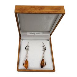 Pair of silver Baltic amber pendant earrings, stamped 925, boxed 