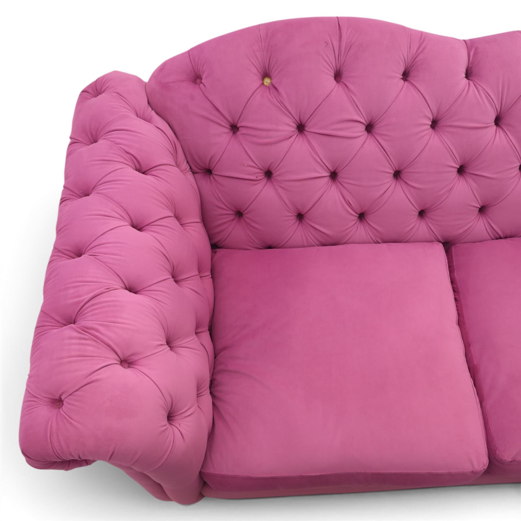 Joules - Windsor Chesterfield three seater sofa in pink velvet, shaped back with deep buttoned sides, loose seat cushion raised on turned and shaped supports