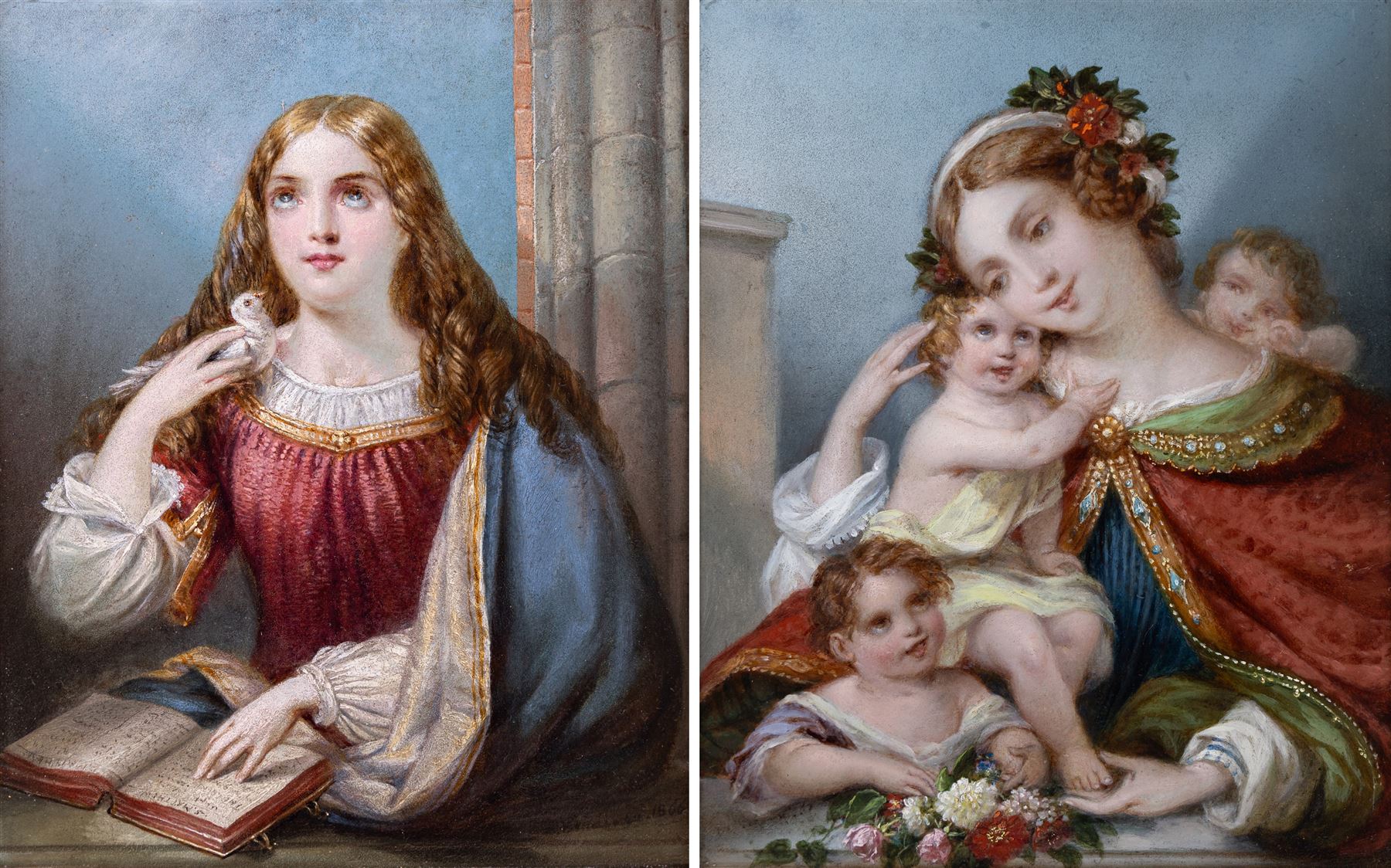 Siegfried Detlev Bendixen (German 1786-c1864): 'Faith' and 'Love', pair oils on panel faintly signed and one dated 1866, titled and inscribed verso 'Painted by S Bendixen 1866 and finished for the Countess of Tyrconnel at Kiplin March 1867', relating these to Kiplin Hall, near Richmond, and the Countess Sarah Carpenter (1799-1868), 27cm x 22cm (2)
Notes: Although the death of the artist is widely recorded as 1864, there is little information available regarding his time in England after moving to London in 1832, and the circumstances of his death are unknown. These portraits being dated 1866/1867 plausibly suggests that he died at a later date.