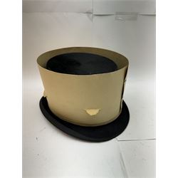 Akubra pure fur felt trilby hat, together with another trilby and two top hats, one by Woodrow and one by Dunn & Co