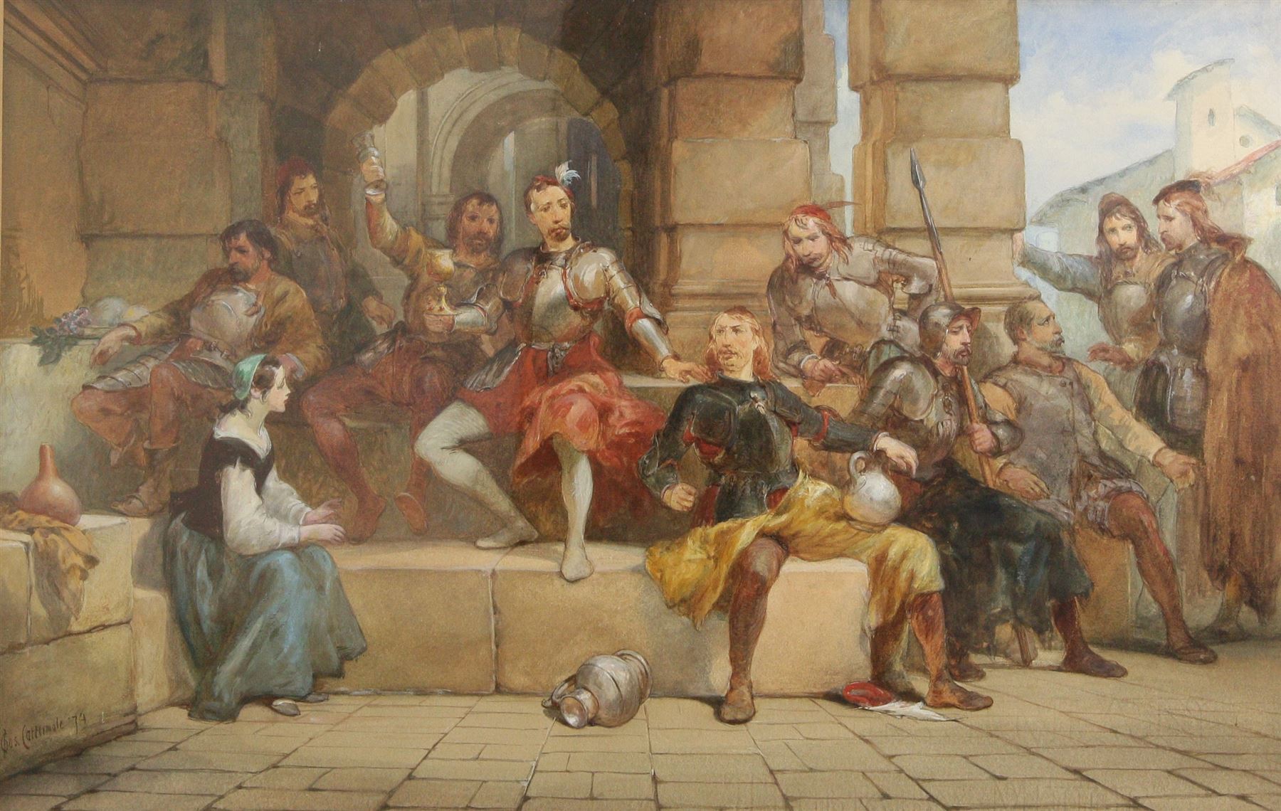 Charles Cattermole (British 1832-1900): A Day off from the Night Watch, watercolour signed and dated '77, 36cm x 56cm