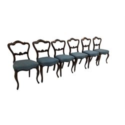 Set six 19th century rosewood dining chairs, shaped cresting rail with carved flowerhead and scrolling design, central rail with cartouche carving, seat upholstered in blue fabric raised on cabriole supports 