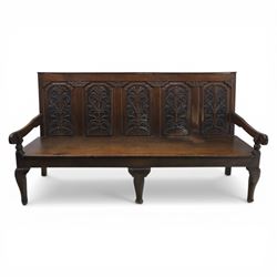 18th century oak hall bench or settle, five foliate carved back panels, dated 1760
