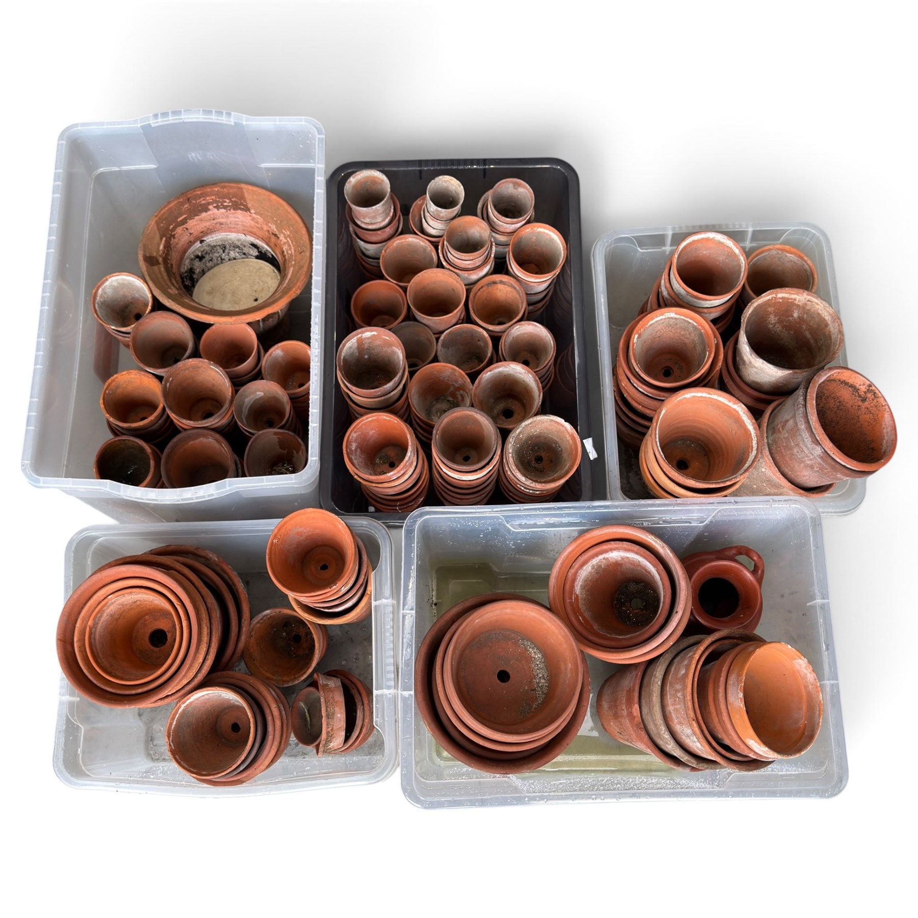 Large collection of vintage terracotta flowerpots of varying traditional forms and graduated sizes, including examples stamped Sankey’s Ltd, Bulwell, Notts and Hidcote, in five boxes