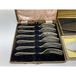 Collection of silver-plated cutlery including cased set of six EPNS cake forks, Royal Crown Derby pie server, sugar tongs, ladles, etc