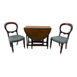 Pair of Victorian mahogany balloon back dining chairs (W49cm); 20th century oak drop-leaf dining table (W92cm); three small children's chairs (6)