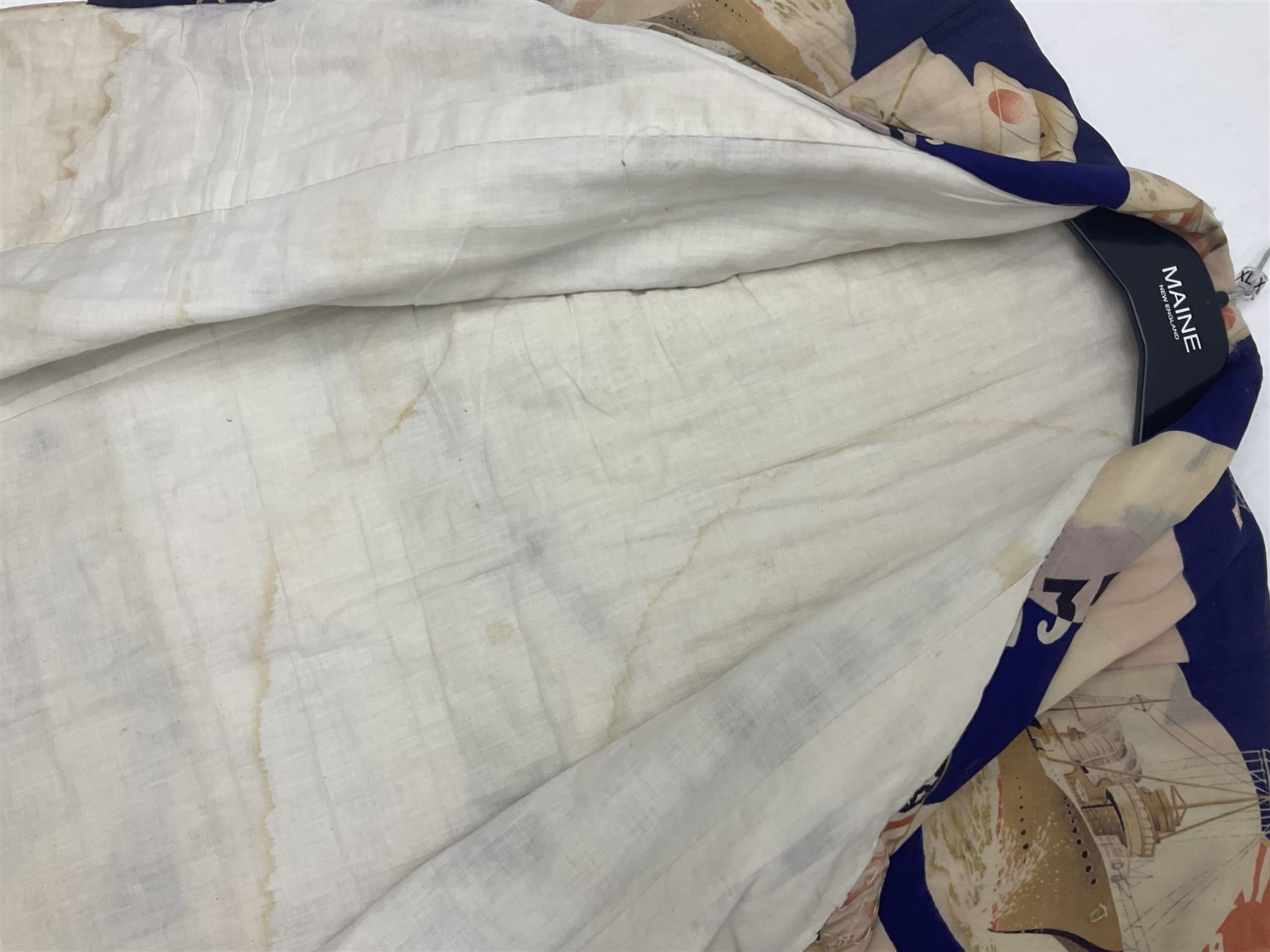 1930s Japanese fully lined kimono decorated with Japanese naval vessels and bi-planes, Japanese, American and British flags and dated 1935; looks to be child's size