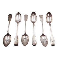 Set of six Victorian Exeter silver Fiddle pattern teaspoons, each with engraved with initial, hallmarked Josiah Williams & Co, Exeter 1848