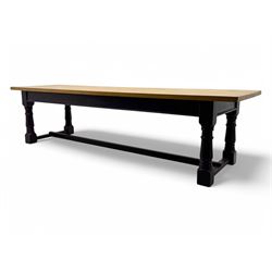 Late 20th century substantial pine refectory table, rectangular four-plank top over an indigo painted base featuring turned supports united by box stretchers