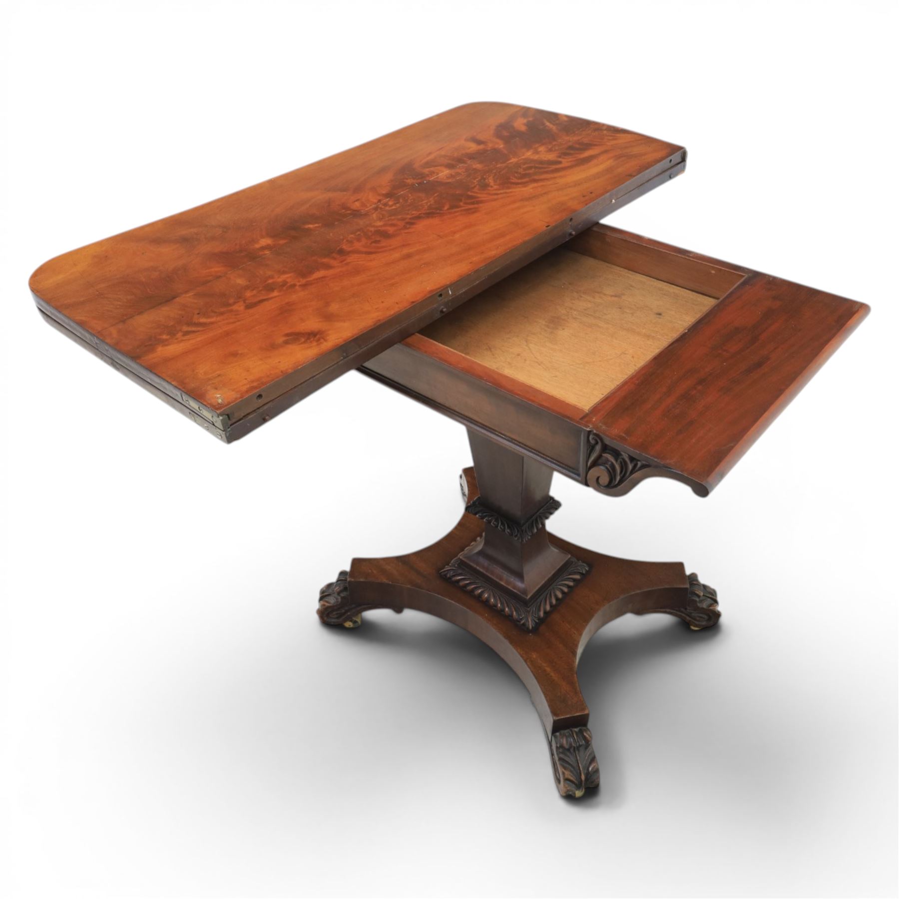 Victorian figured mahogany side table, fold-over swivel extending top, tapering square column above quatrefoil base
