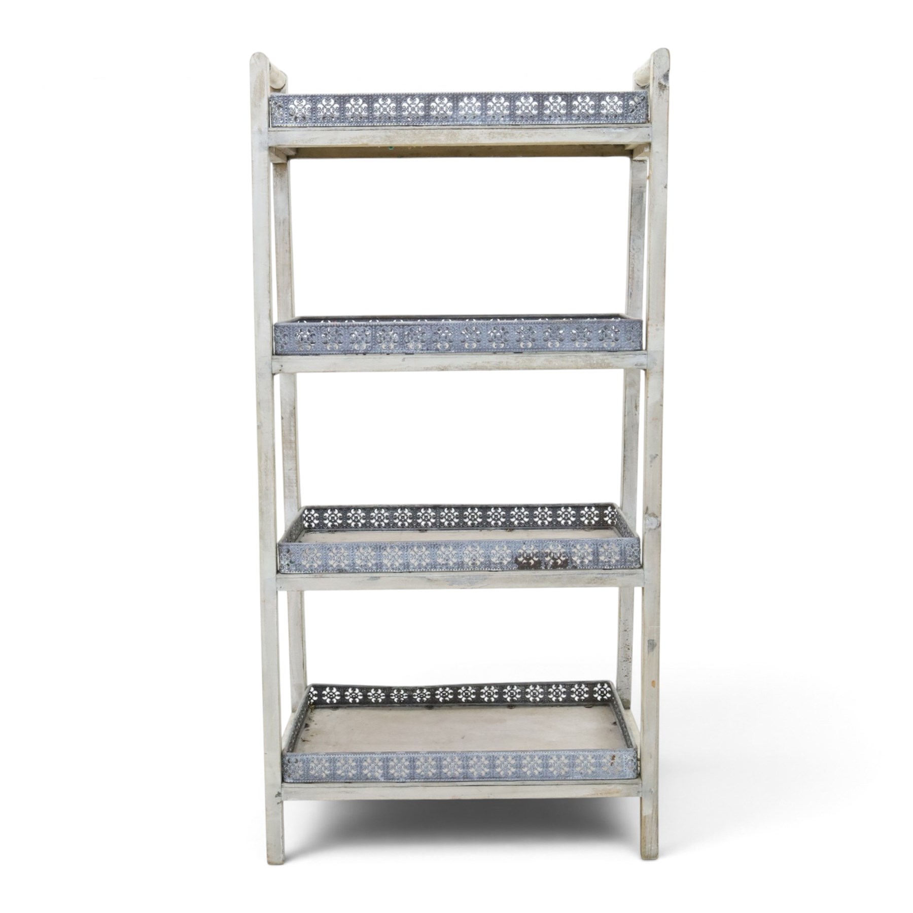 OKA style four tiered waterfall bookshelf, painted woodened frame with pierced wrought metal gallery