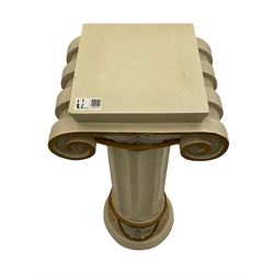 Classical Ionic style column in white finish with scrolled capital, fluted body on moulded plinth base (H97cm), and a similar small column stand (H68cm)