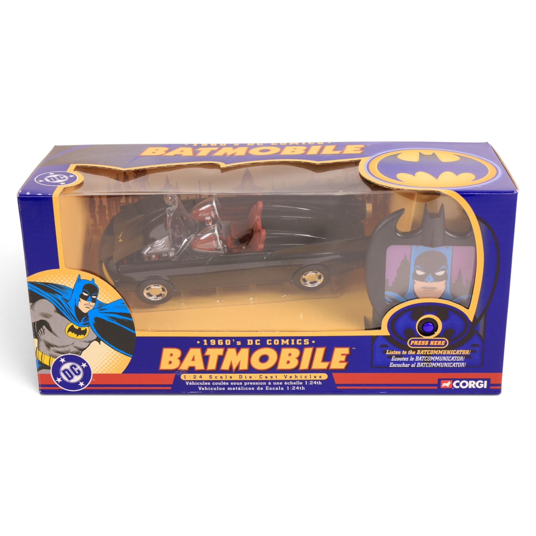 Four Corgi Batman diecast vehicles, comprising 1:18 1940s DC Comics Batmobile, 1:24 scale 1960s DC Comics Batmobile, 1:16 scale 2000 DC Comics Batcycle, all boxed and an unboxed Corgi 2000s DC Comics Batmobile