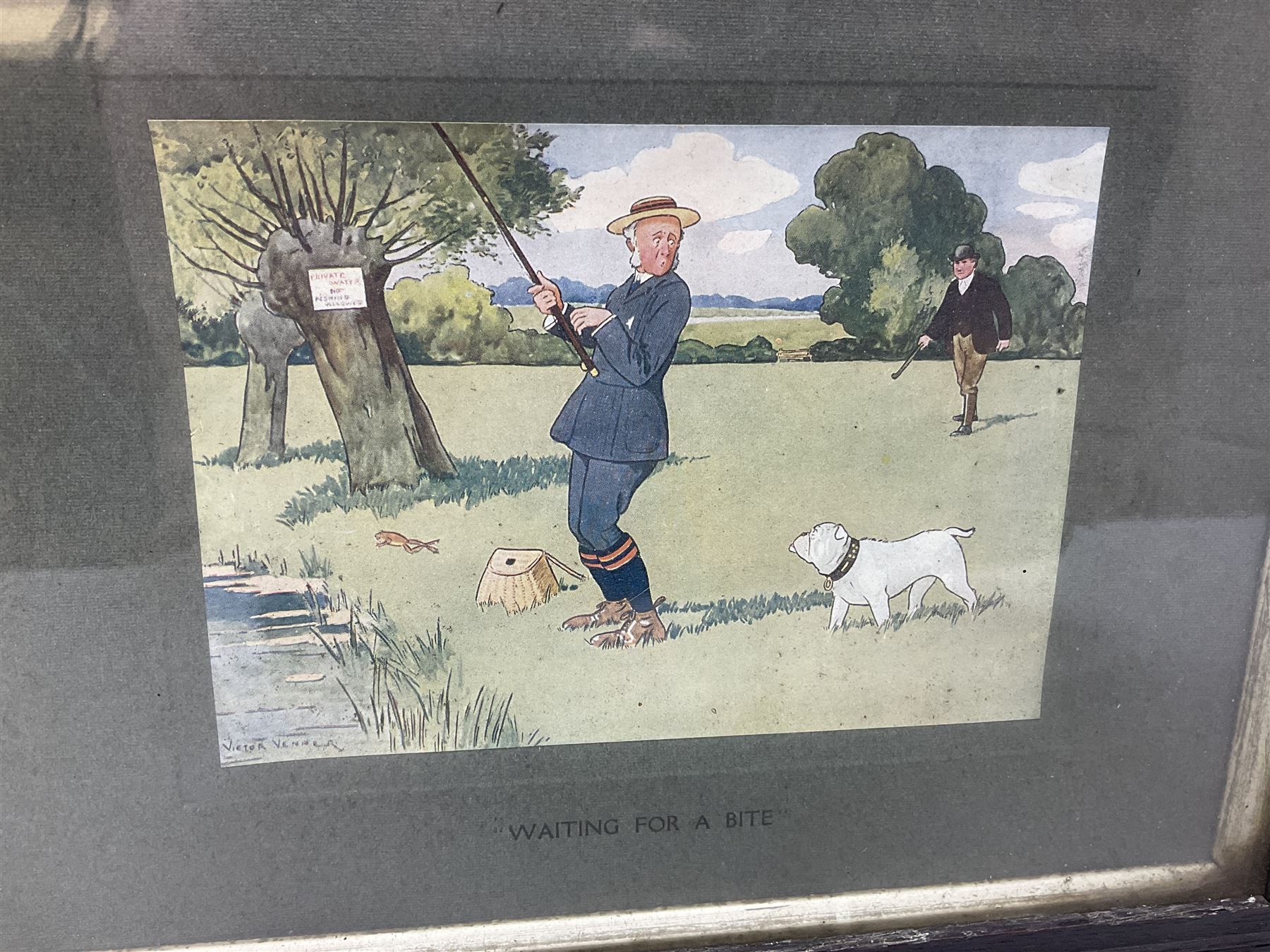 Victor Venner: 'Old Sports' set of three framed chromolithographs, 'Sixty Not Out', 'Bagging a Brace' and Waiting for a Bite' 