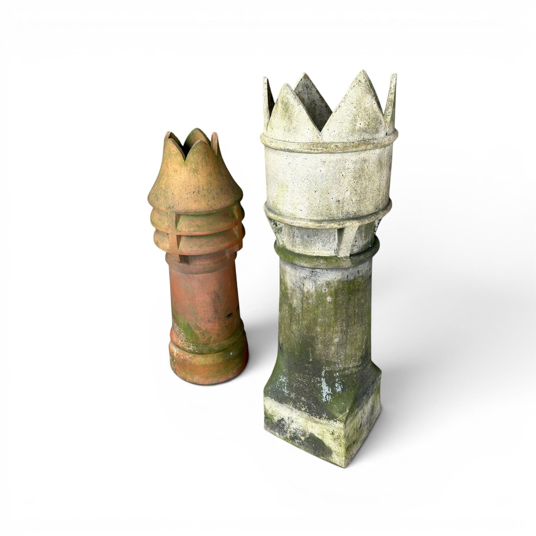 Large Victorian terracotta crown top chimney pot, and a similar chimney pot (2)