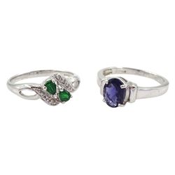 White gold single stone iolite ring, iolite approx 0.70 carat and a white gold tsavorite and diamond ring, both hallmarked 9ct