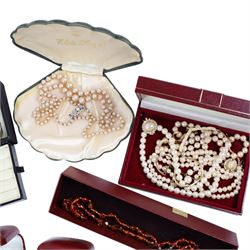 Pair of 9ct gold faux pearl earrings, two silver rings, Grosse brooch, silver-gilt Majorica pearl necklace and earrings, compact mirrors and a collection of costume jewellery