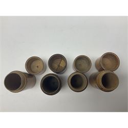 Collection of Mauchline ware relating to sewing, to include four ovoid shaped thimble cases, hinged lid thimble case and needle cases (12) 