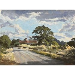 Andrew King ROI (British 1956-): Preston Road, Gosmore, Hitchin, Herts, oil on board, signed, titled and dated '77 verso with further signature 21cm x 28cm