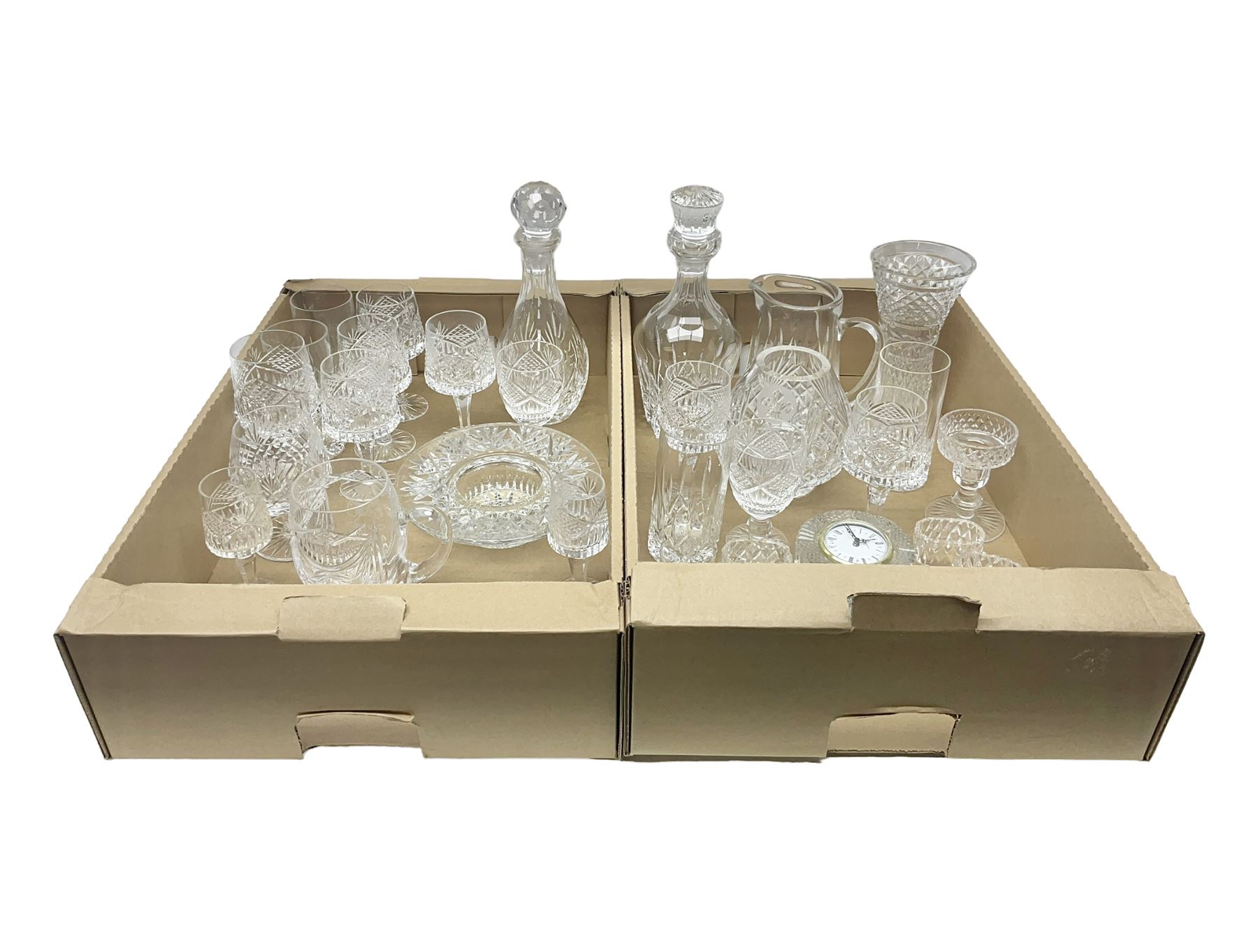 Collection of Waterford and Tyrone crystal, including wine glasses, clock, bowl, etc, together with a collection of other cut glass and crystal