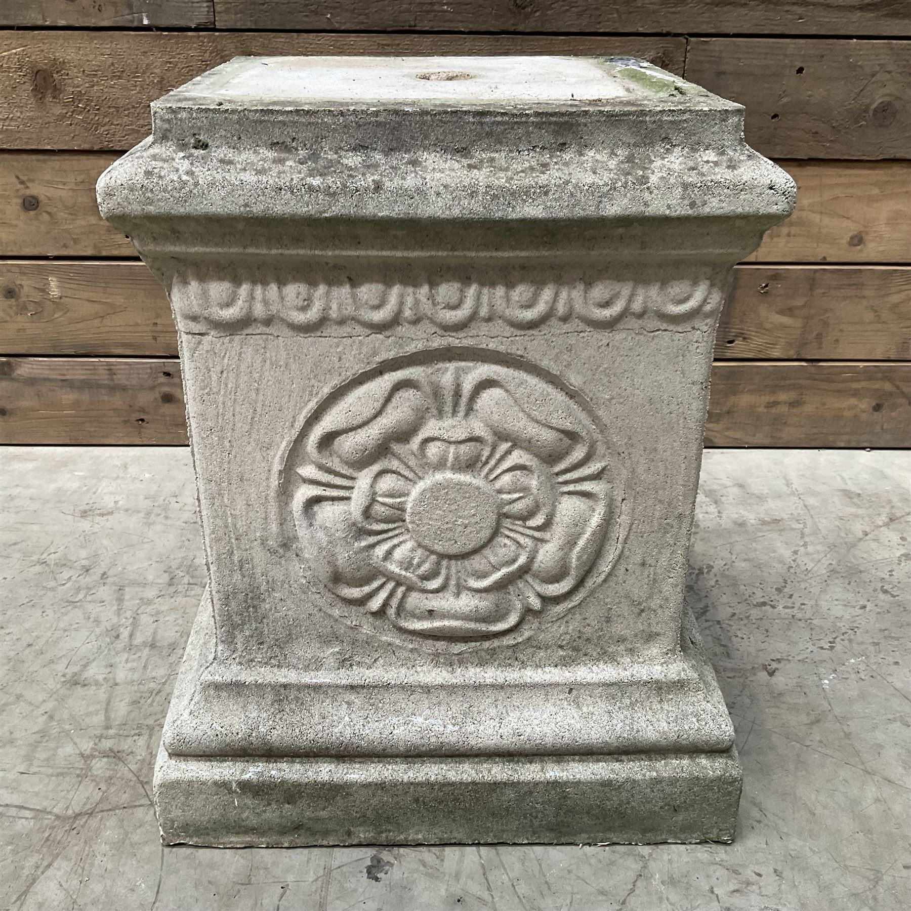 Cast stone garden pedestal with relief 'Yorkshire Rose' motif