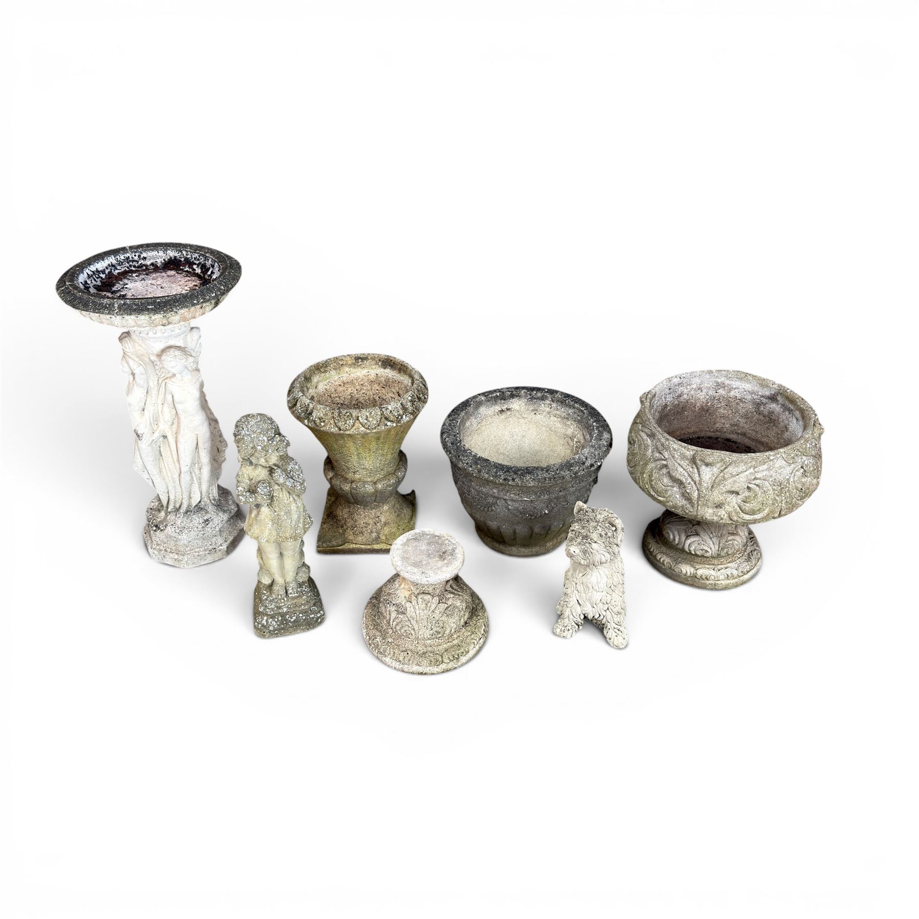 Collection of decorative cast stone garden pieces, comprising three graces bird bath, three urn planters, urn base, figure of girl and a Scottie dog (7)