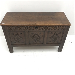 19th century oak blanket box, hinged lid, carved front panels, style supports, W113cm, H69cm, D46cm