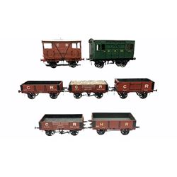 '0' gauge - five scratch-built Caledonian Railway wagons including brake goods van, open mineral wagon and three other open wagons; together with similar Highland Railway brake goods van and open wagon; all unboxed (7)