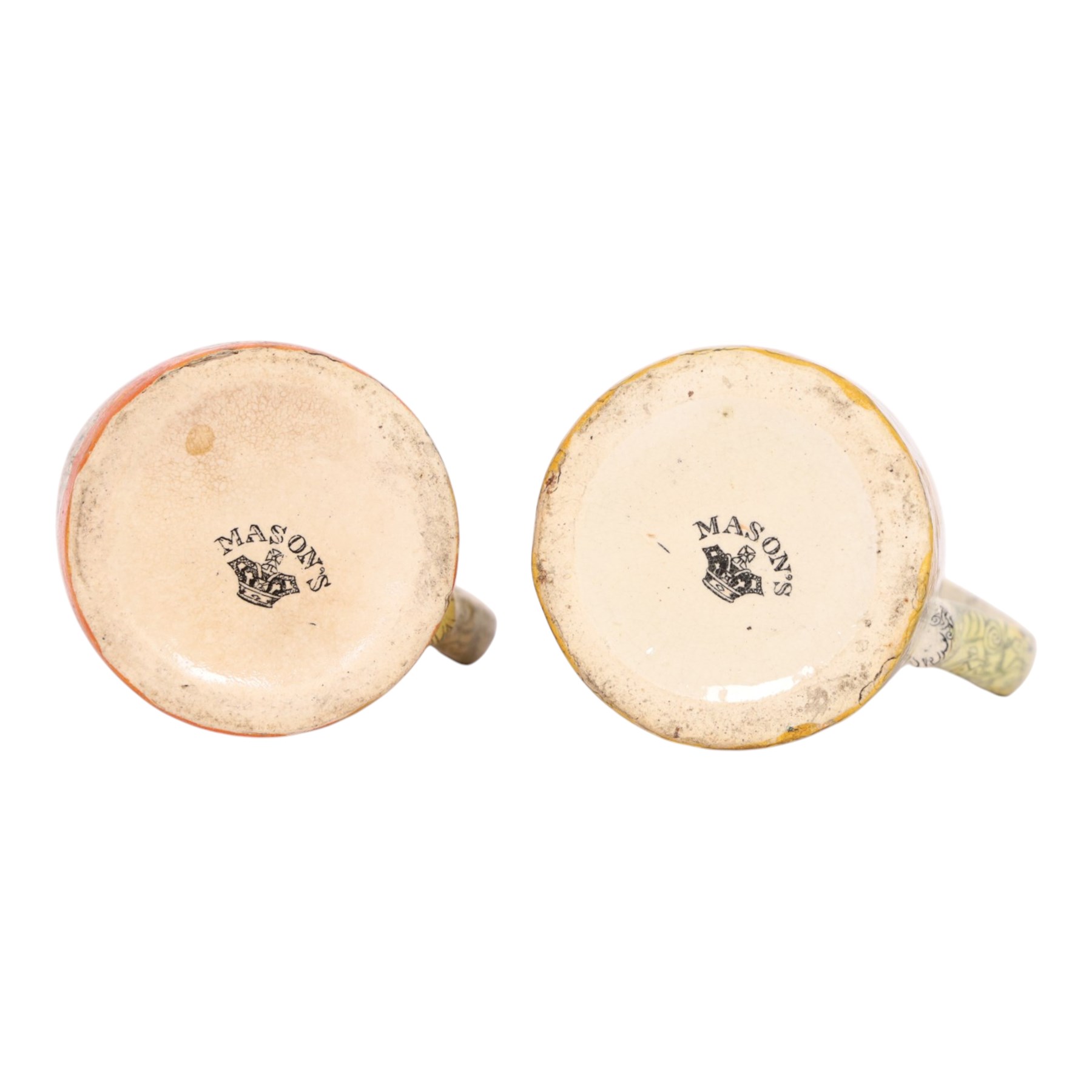 Pair 19th century Mason's Bandana pattern jugs, decorated in with Foo dogs, medallions, and cloud scrolls, H12cm