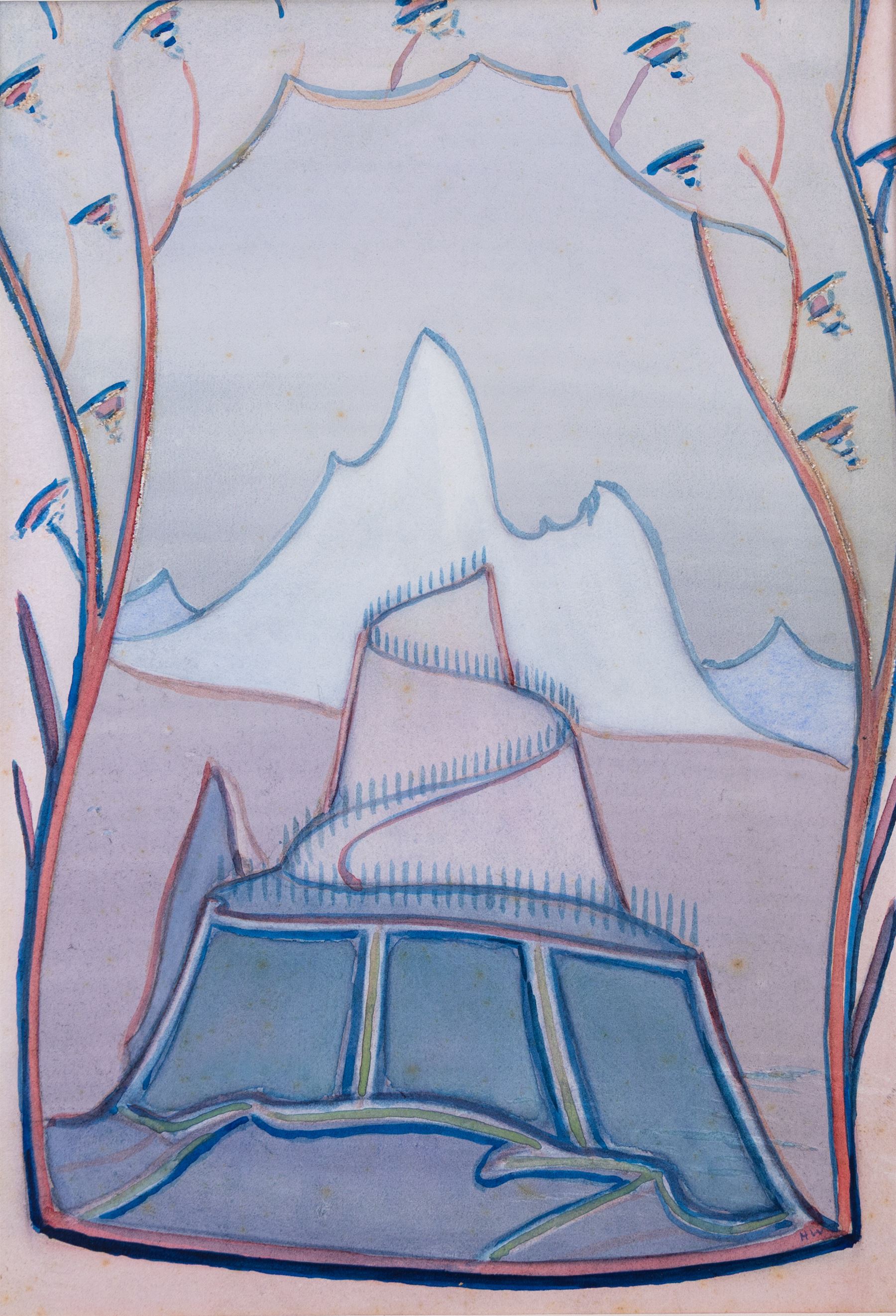 Hirst Walker (Staithes Group 1868-1957): Surreal Landscape Scene and Harp, pair watercolours signed with initials 36cm x 25cm (2) (unframed)