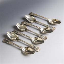 Seven silver Kings/Queens pattern dessert spoons, including George III Irish silver pair w...