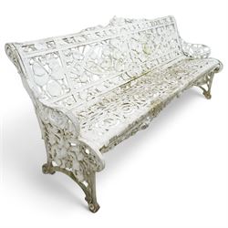 Coalbrookdale design - early 20th century cast aluminium Nasturtium pattern bench, white painted cast aluminium frame and seat, the pediment with a central female mask flanked with extending leafage, the back and seat with scrolling lattice design and interspersed Narsturtium leaves, flanked shaped arm terminals over splayed supports